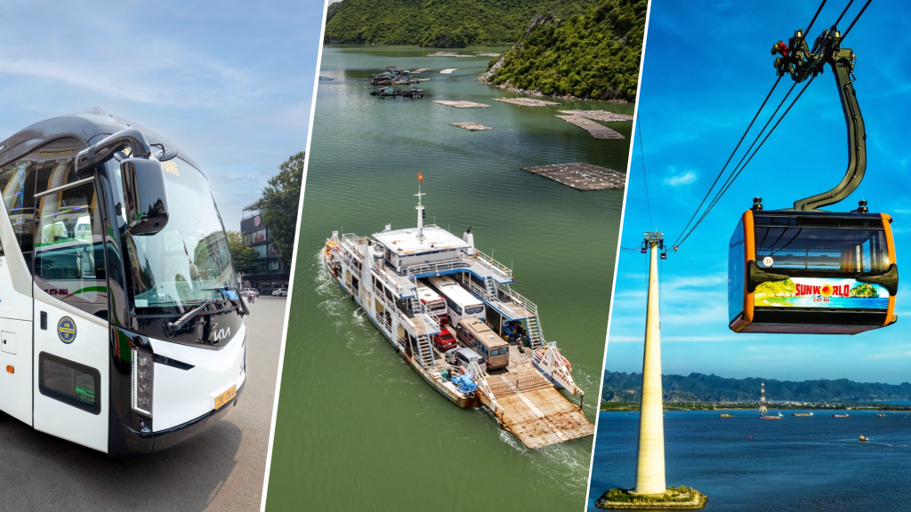 Tourist bus picking up travelers in Hanoi Old Quarter for Cat Ba Island transfer in 2026