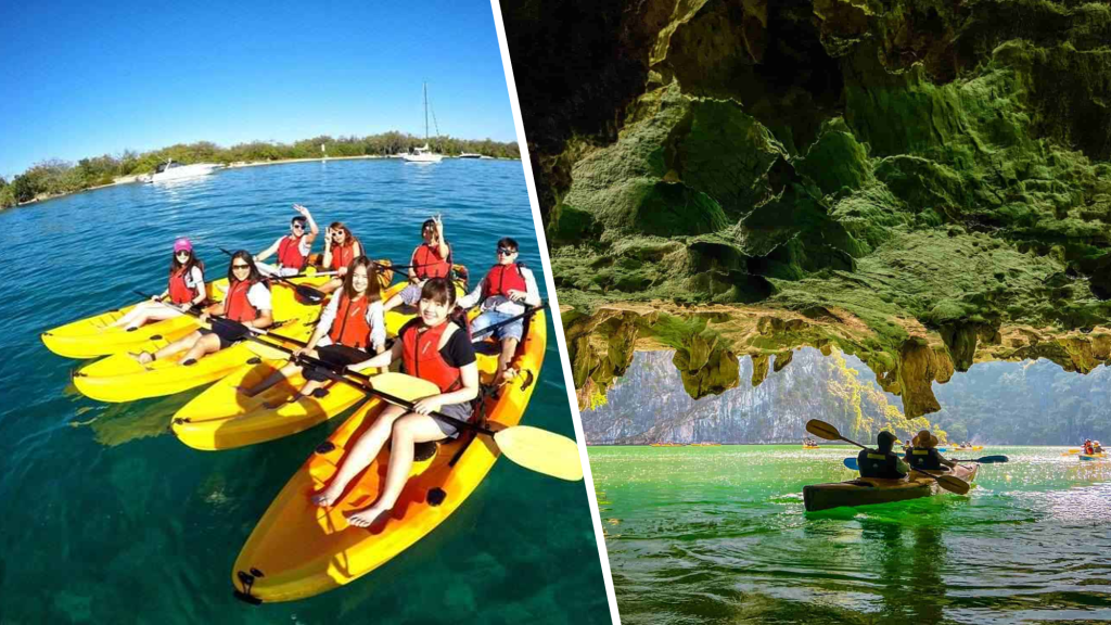 Travelers paddling kayaks through green water and limestone karsts in Lan Ha Bay Cat Ba